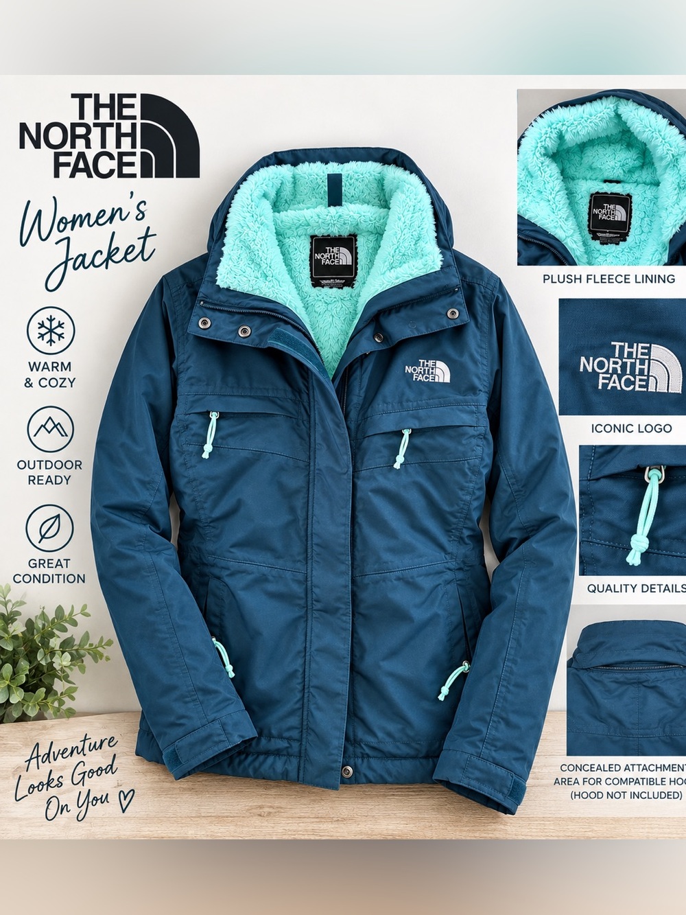 The North Face Women’s Dark Teal Aqua Fleece Lined Winter Jacket Coat